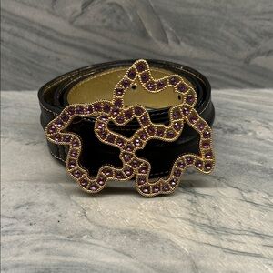 Tous Women's Brown Leather Belt with Gold & Purple jeweled Buckle